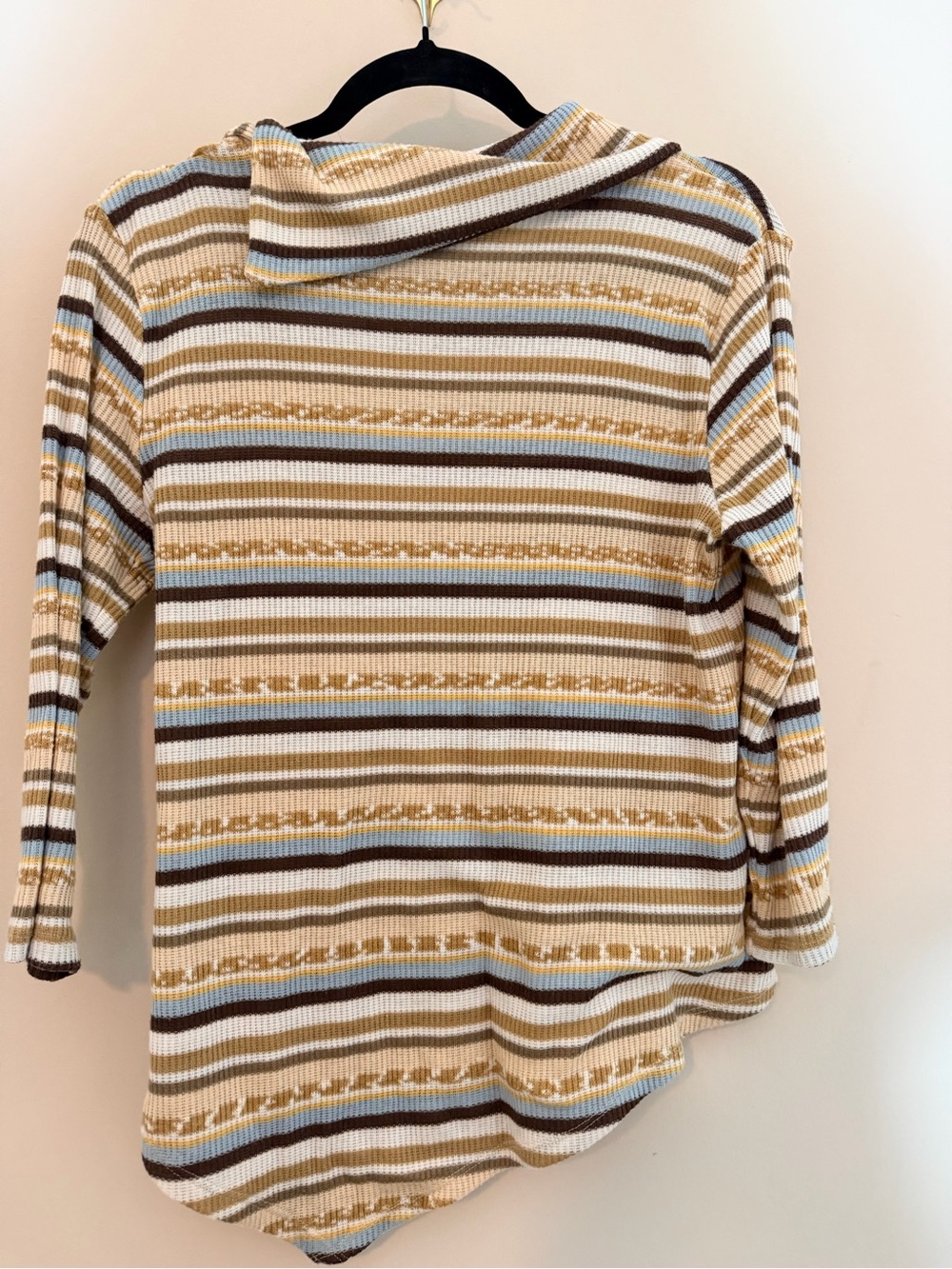 Ruby Rd. Striped Hooded Ribbed Sweater in Beige, Brown & Light Blue